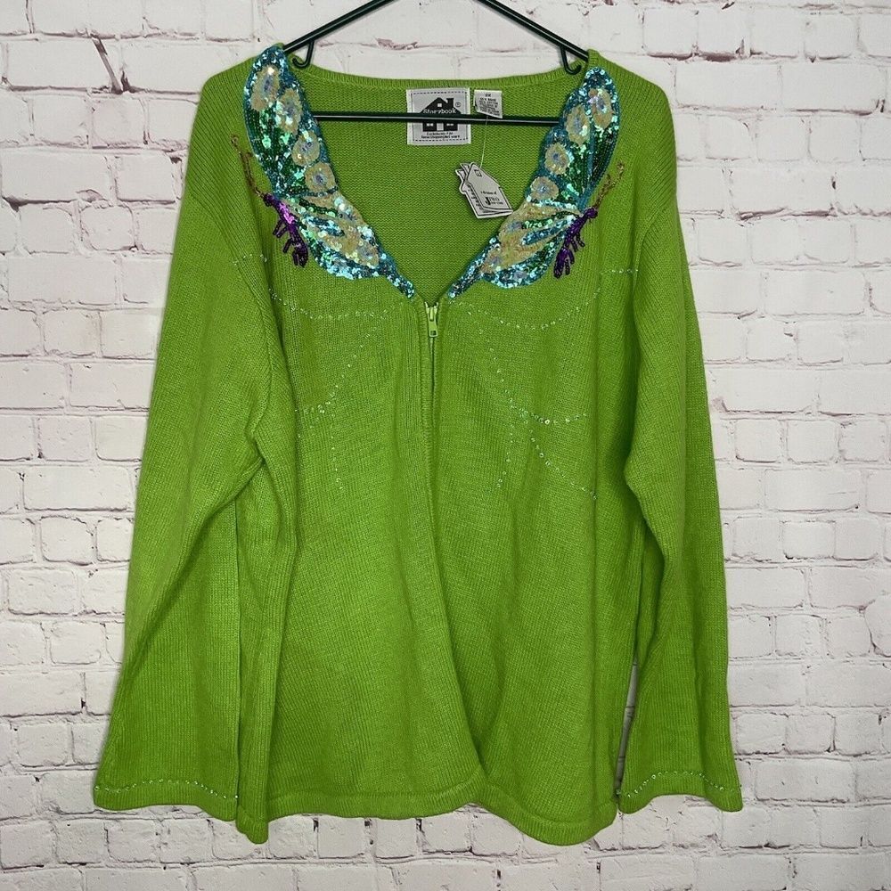 NWT Storybook Knits Butterfly Sequences Full Zip Cardigan Women‎ Size 2X Green